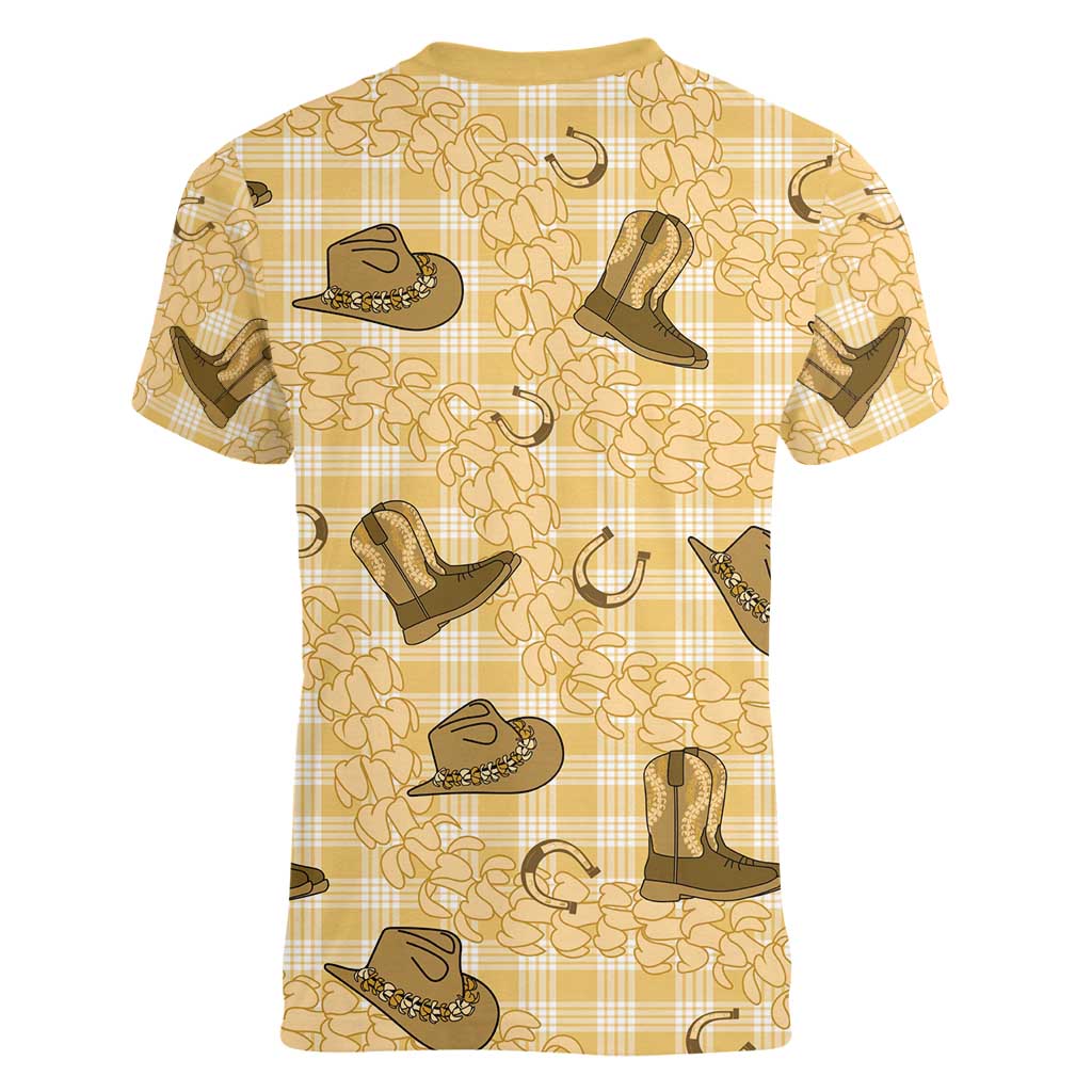 Yellow Palaka Hawaii Cowboy Women V-Neck T-Shirt Puakenikeni Lei Paniolo Papale Seamless Vibes LT14 - Polynesian Pride