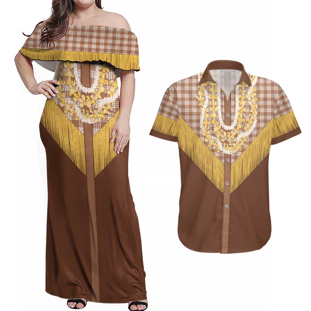 Aloha Hawaii Cowboy Custome Couples Matching Off Shoulder Maxi Dress and Hawaiian Shirt Puakenikeni Lei Palaka Tassel Style LT14 Brown - Polynesian Pride