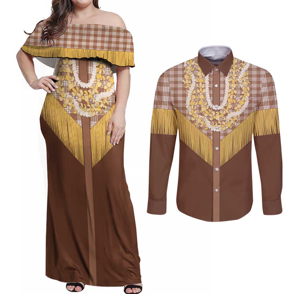 Aloha Hawaii Cowboy Custome Couples Matching Off Shoulder Maxi Dress and Long Sleeve Button Shirt Puakenikeni Lei Palaka Tassel Style LT14 Brown - Polynesian Pride