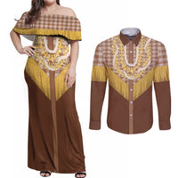 Aloha Hawaii Cowboy Custome Couples Matching Off Shoulder Maxi Dress and Long Sleeve Button Shirt Puakenikeni Lei Palaka Tassel Style LT14 Brown - Polynesian Pride