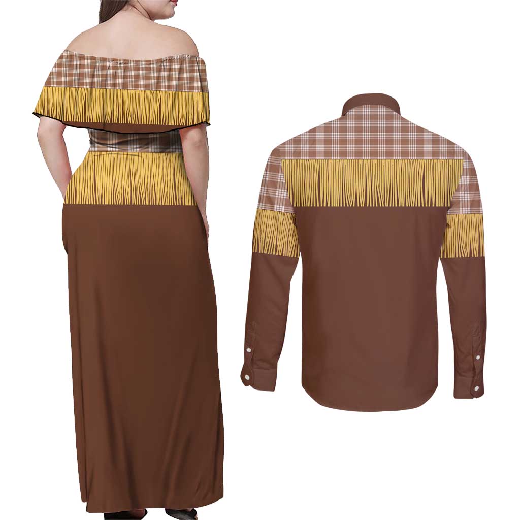 Aloha Hawaii Cowboy Custome Couples Matching Off Shoulder Maxi Dress and Long Sleeve Button Shirt Puakenikeni Lei Palaka Tassel Style LT14 - Polynesian Pride