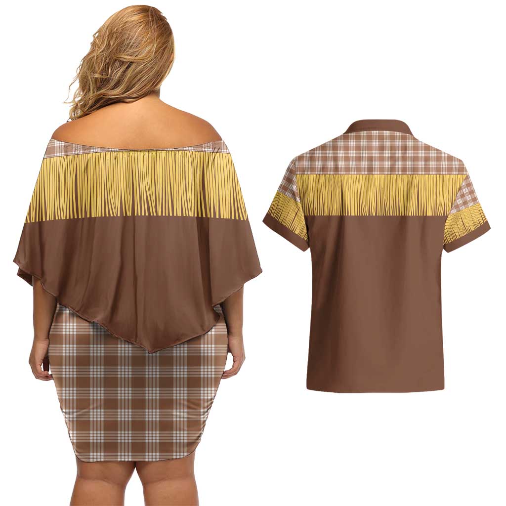 Aloha Hawaii Cowboy Custome Couples Matching Off Shoulder Short Dress and Hawaiian Shirt Puakenikeni Lei Palaka Tassel Style LT14 - Polynesian Pride