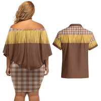Aloha Hawaii Cowboy Custome Couples Matching Off Shoulder Short Dress and Hawaiian Shirt Puakenikeni Lei Palaka Tassel Style LT14 - Polynesian Pride