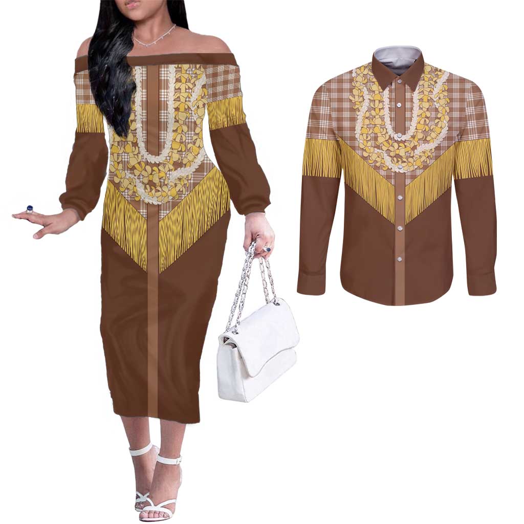Aloha Hawaii Cowboy Custome Couples Matching Off The Shoulder Long Sleeve Dress and Long Sleeve Button Shirt Puakenikeni Lei Palaka Tassel Style - Polynesian Pride