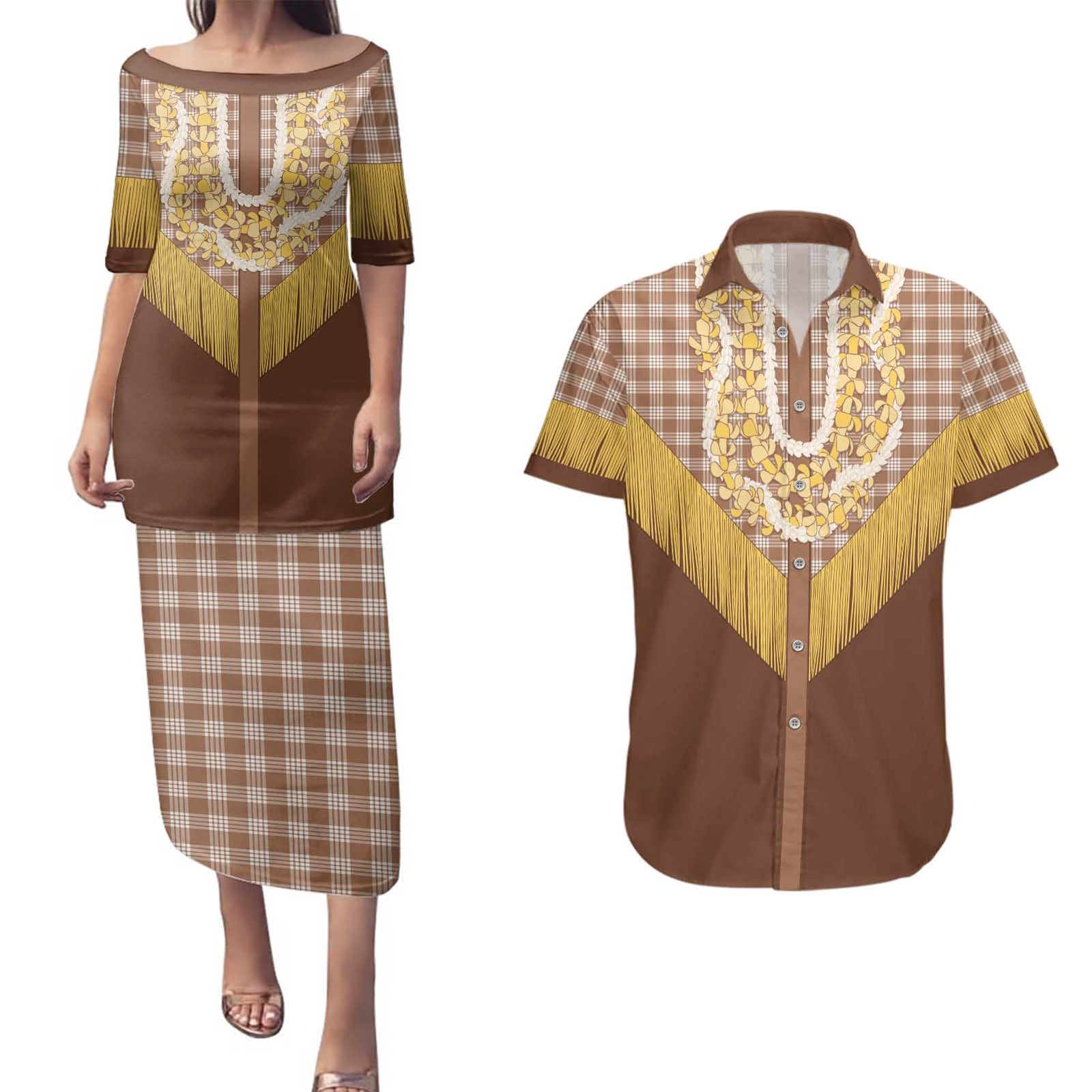 Aloha Hawaii Cowboy Custome Couples Matching Puletasi and Hawaiian Shirt Puakenikeni Lei Palaka Tassel Style - Polynesian Pride