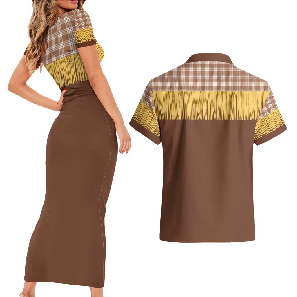 Aloha Hawaii Cowboy Custome Couples Matching Short Sleeve Bodycon Dress and Hawaiian Shirt Puakenikeni Lei Palaka Tassel Style - Polynesian Pride