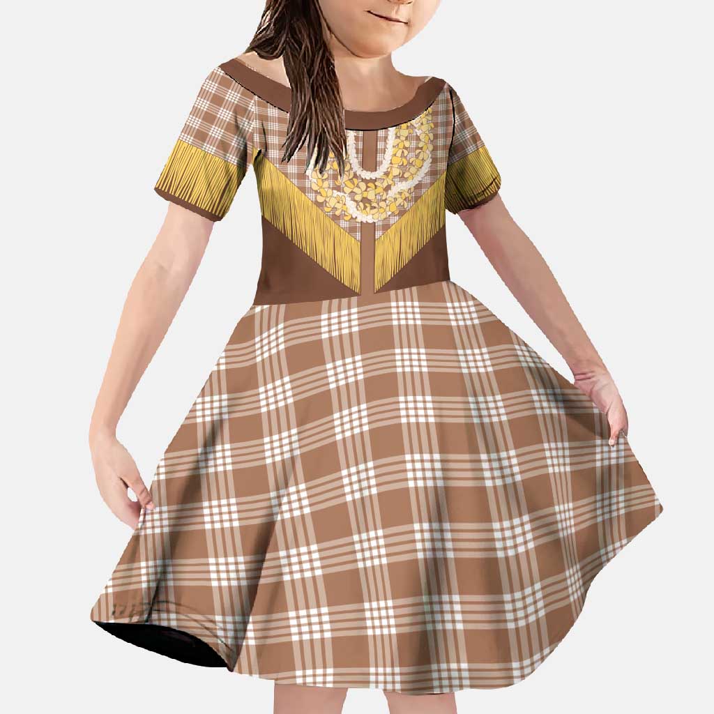 Aloha Hawaii Cowboy Custome Family Matching Long Sleeve Bodycon Dress and Hawaiian Shirt Puakenikeni Lei Palaka Tassel Style LT14 Daughter's Dress Brown - Polynesian Pride