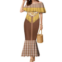 Aloha Hawaii Cowboy Custome Family Matching Mermaid Dress and Hawaiian Shirt Puakenikeni Lei Palaka Tassel Style LT14 Mom's Dress Brown - Polynesian Pride