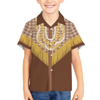 Aloha Hawaii Cowboy Custome Family Matching Off The Shoulder Long Sleeve Dress and Hawaiian Shirt Puakenikeni Lei Palaka Tassel Style LT14 Son's Shirt Brown - Polynesian Pride