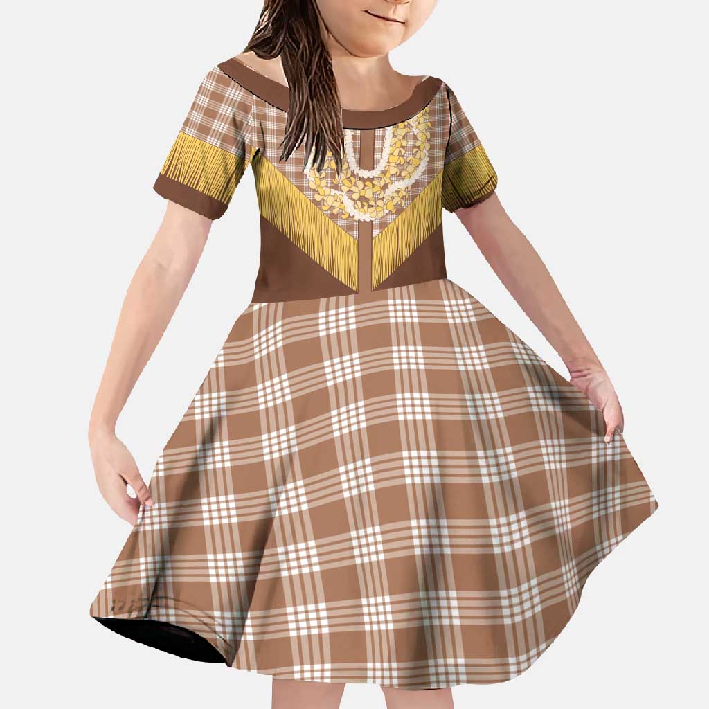 Aloha Hawaii Cowboy Custome Family Matching Off Shoulder Maxi Dress and Hawaiian Shirt Puakenikeni Lei Palaka Tassel Style LT14 Daughter's Dress Brown - Polynesian Pride