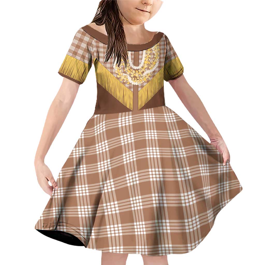 Aloha Hawaii Cowboy Custome Family Matching Off Shoulder Short Dress and Hawaiian Shirt Puakenikeni Lei Palaka Tassel Style LT14 Daughter's Dress Brown - Polynesian Pride