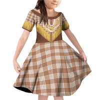 Aloha Hawaii Cowboy Custome Family Matching Off Shoulder Short Dress and Hawaiian Shirt Puakenikeni Lei Palaka Tassel Style LT14 Daughter's Dress Brown - Polynesian Pride