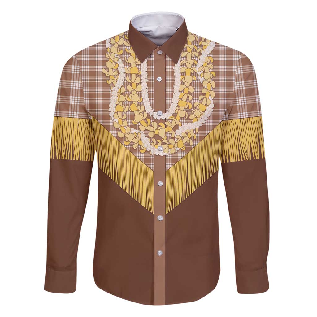 Aloha Hawaii Cowboy Custome Family Matching Off Shoulder Short Dress and Hawaiian Shirt Puakenikeni Lei Palaka Tassel Style LT14 Dad's Shirt - Long Sleeve Brown - Polynesian Pride
