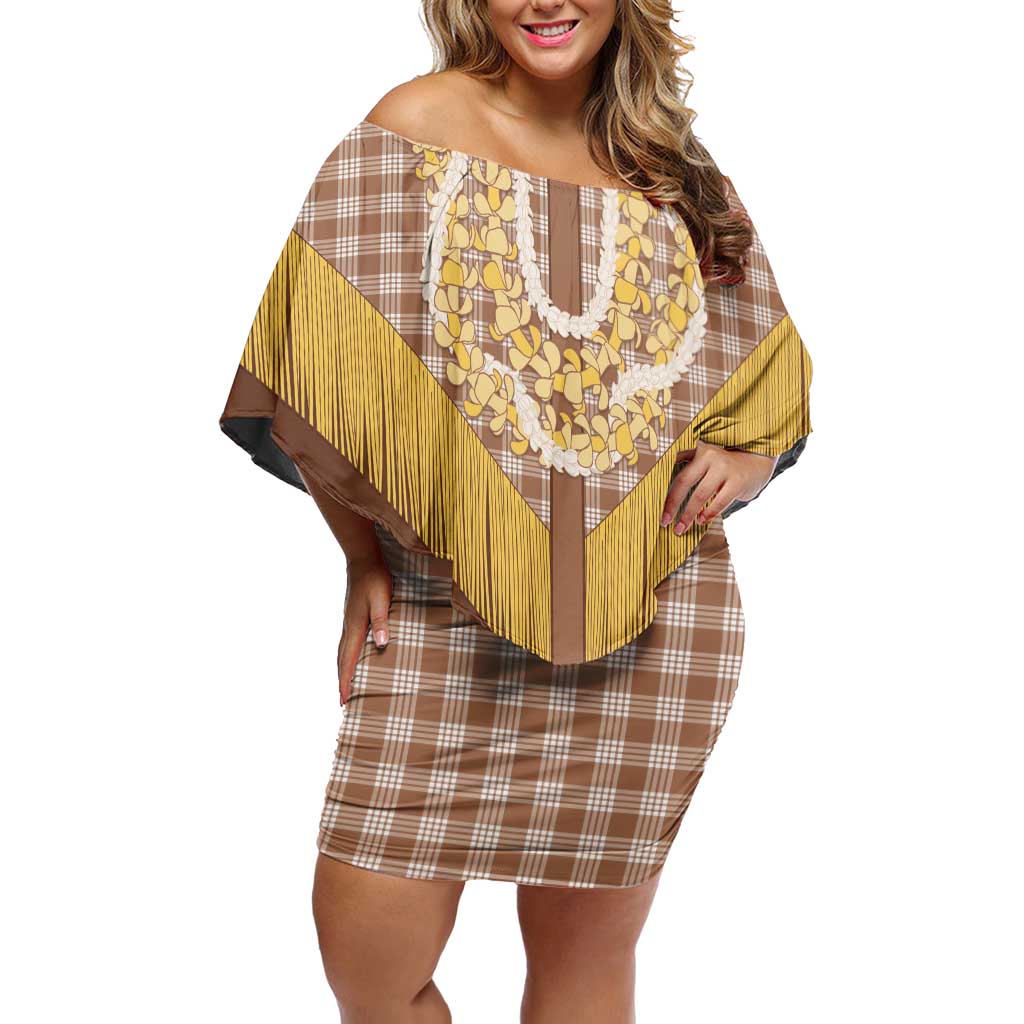 Aloha Hawaii Cowboy Custome Family Matching Off Shoulder Short Dress and Hawaiian Shirt Puakenikeni Lei Palaka Tassel Style LT14 Mom's Dress Brown - Polynesian Pride