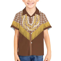 Aloha Hawaii Cowboy Custome Family Matching Off Shoulder Short Dress and Hawaiian Shirt Puakenikeni Lei Palaka Tassel Style LT14 Son's Shirt Brown - Polynesian Pride