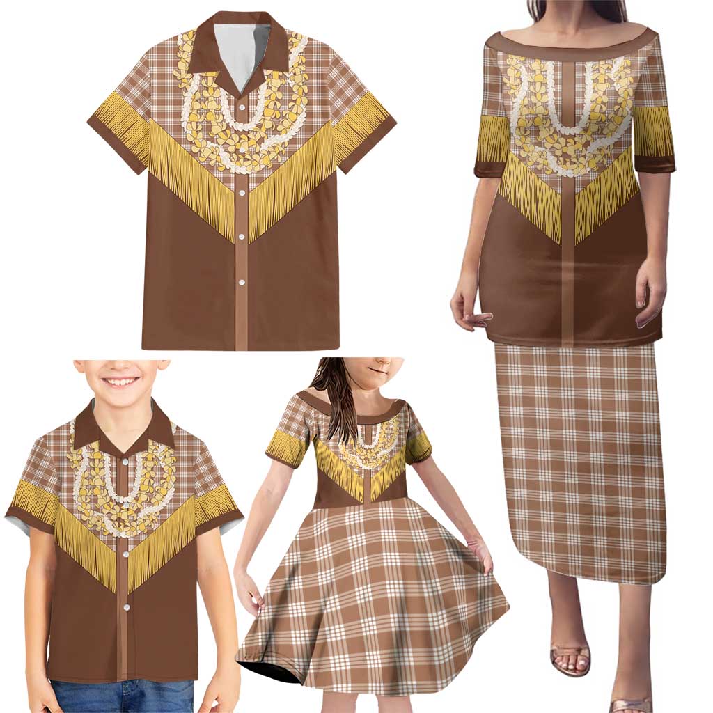 Aloha Hawaii Cowboy Custome Family Matching Puletasi and Hawaiian Shirt Puakenikeni Lei Palaka Tassel Style - Polynesian Pride