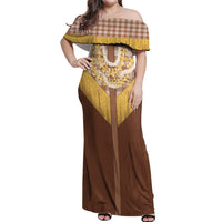 Aloha Hawaii Cowboy Custome Off Shoulder Maxi Dress Puakenikeni Lei Palaka Tassel Style LT14 Women Brown - Polynesian Pride