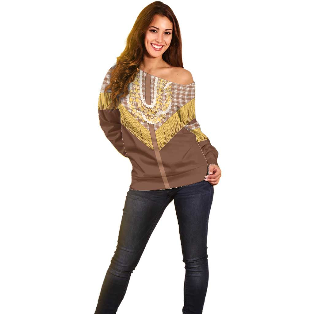 Aloha Hawaii Cowboy Custome Off Shoulder Sweater Puakenikeni Lei Palaka Tassel Style - Polynesian Pride
