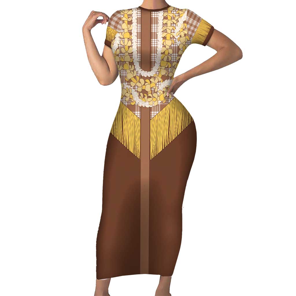 Aloha Hawaii Cowboy Custome Short Sleeve Bodycon Dress Puakenikeni Lei Palaka Tassel Style LT14 Long Dress Brown - Polynesian Pride