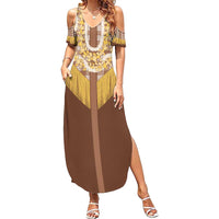 Aloha Hawaii Cowboy Custome Summer Maxi Dress Puakenikeni Lei Palaka Tassel Style LT14 Women Brown - Polynesian Pride