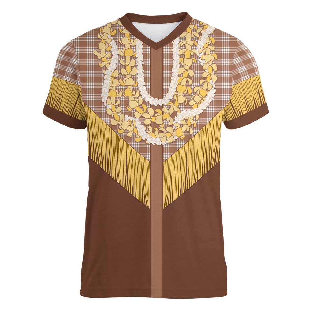 Aloha Hawaii Cowboy Custome Women V-Neck T-Shirt Puakenikeni Lei Palaka Tassel Style LT14 Female Brown - Polynesian Pride