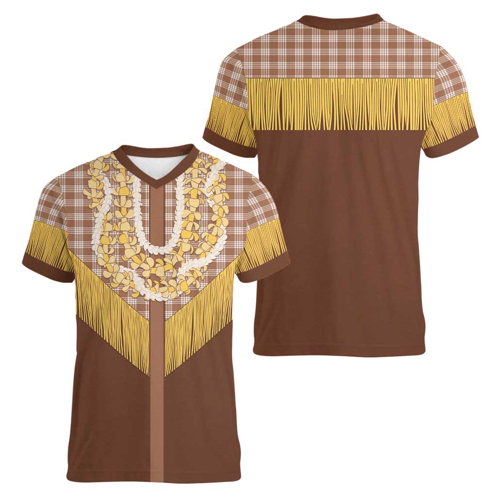 Aloha Hawaii Cowboy Custome Women V-Neck T-Shirt Puakenikeni Lei Palaka Tassel Style LT14 - Polynesian Pride