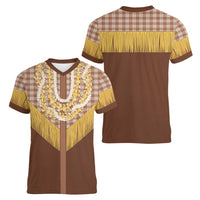 Aloha Hawaii Cowboy Custome Women V-Neck T-Shirt Puakenikeni Lei Palaka Tassel Style LT14 - Polynesian Pride