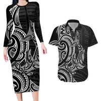 New Zealand Hammerhead Shark Couples Matching Long Sleeve Bodycon Dress and Hawaiian Shirt Maori Haehae Mangopare Black LT14 Black - Polynesian Pride
