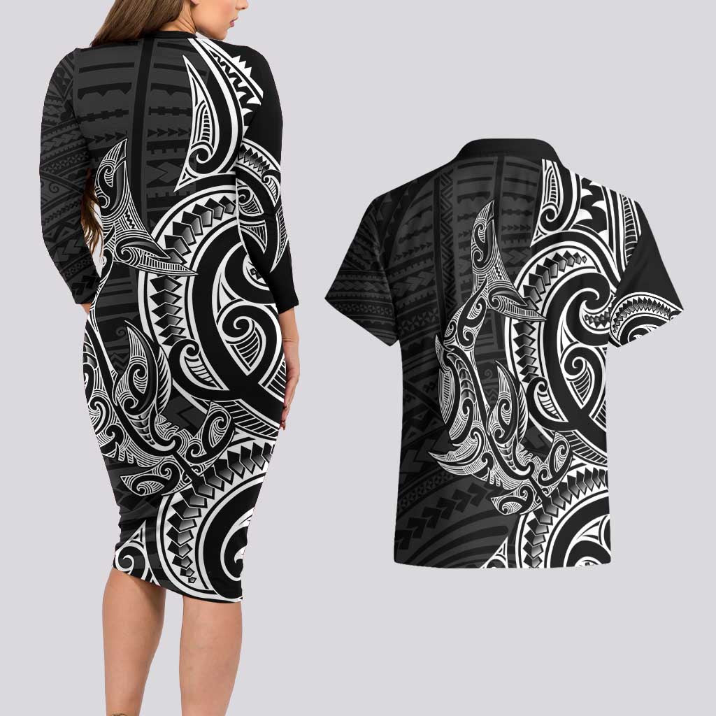 New Zealand Hammerhead Shark Couples Matching Long Sleeve Bodycon Dress and Hawaiian Shirt Maori Haehae Mangopare Black LT14 - Polynesian Pride