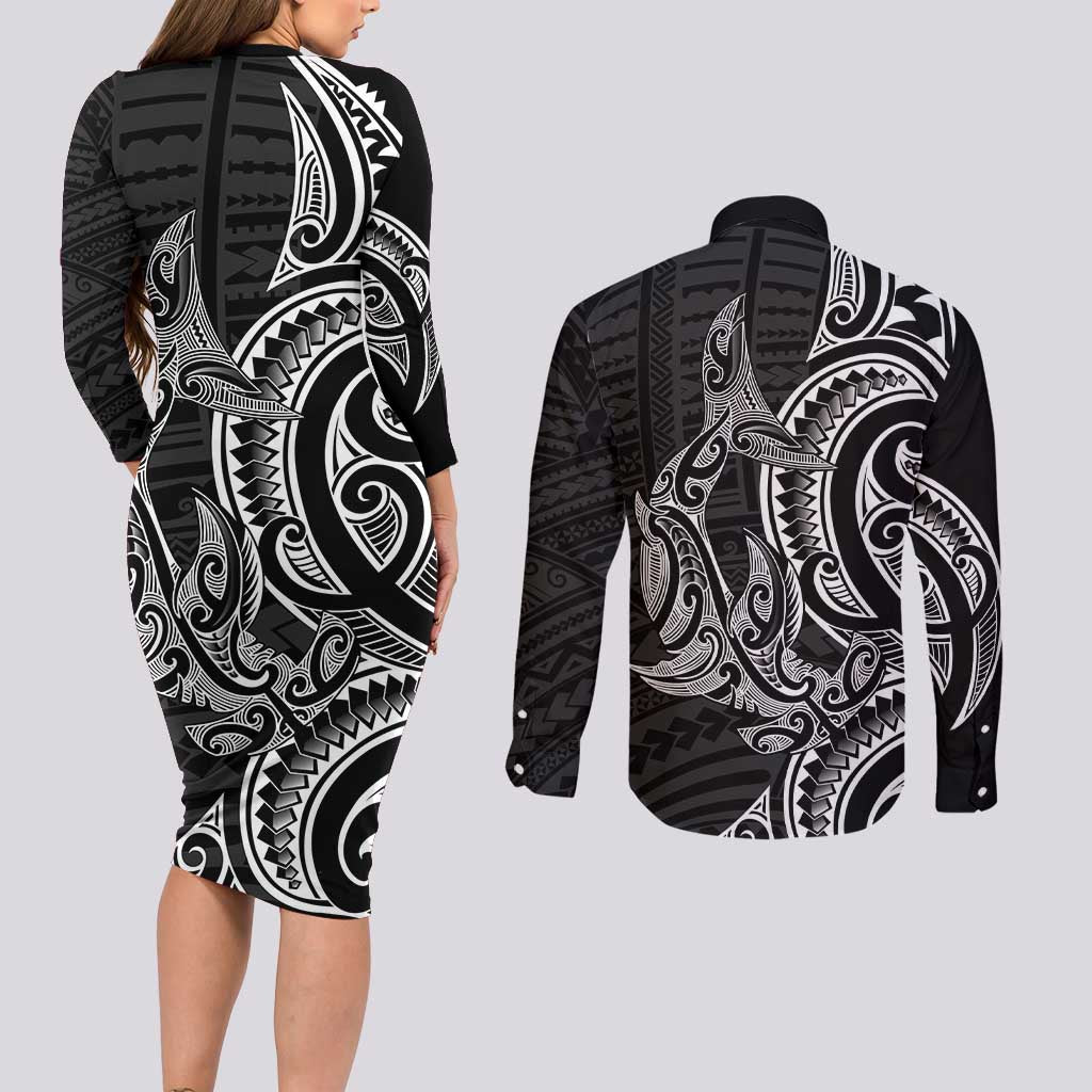 New Zealand Hammerhead Shark Couples Matching Long Sleeve Bodycon Dress and Long Sleeve Button Shirt Maori Haehae Mangopare Black LT14 - Polynesian Pride