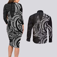New Zealand Hammerhead Shark Couples Matching Long Sleeve Bodycon Dress and Long Sleeve Button Shirt Maori Haehae Mangopare Black LT14 - Polynesian Pride