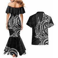 New Zealand Hammerhead Shark Couples Matching Mermaid Dress and Hawaiian Shirt Maori Haehae Mangopare Black LT14 - Polynesian Pride