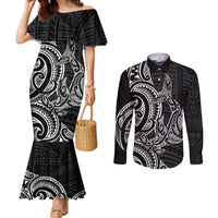 New Zealand Hammerhead Shark Couples Matching Mermaid Dress and Long Sleeve Button Shirt Maori Haehae Mangopare Black LT14 Black - Polynesian Pride
