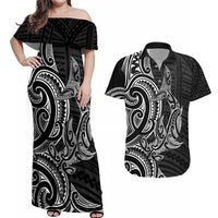 New Zealand Hammerhead Shark Couples Matching Off Shoulder Maxi Dress and Hawaiian Shirt Maori Haehae Mangopare Black LT14 Black - Polynesian Pride