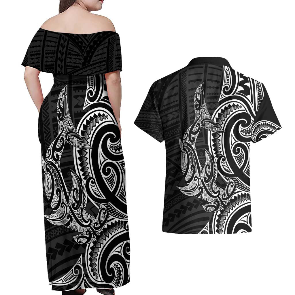 New Zealand Hammerhead Shark Couples Matching Off Shoulder Maxi Dress and Hawaiian Shirt Maori Haehae Mangopare Black LT14 - Polynesian Pride
