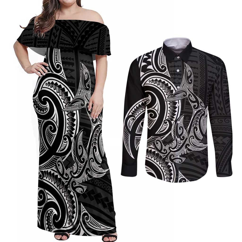 New Zealand Hammerhead Shark Couples Matching Off Shoulder Maxi Dress and Long Sleeve Button Shirt Maori Haehae Mangopare Black LT14 Black - Polynesian Pride
