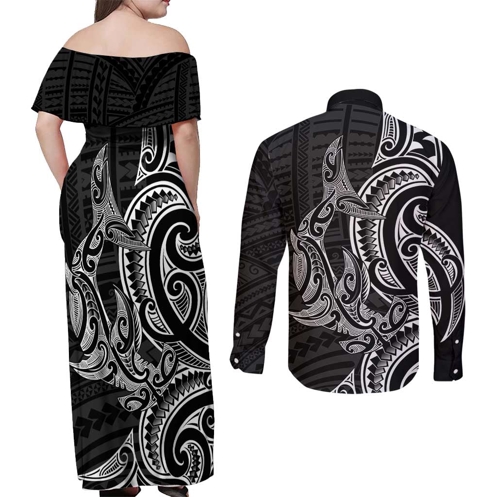 New Zealand Hammerhead Shark Couples Matching Off Shoulder Maxi Dress and Long Sleeve Button Shirt Maori Haehae Mangopare Black LT14 - Polynesian Pride