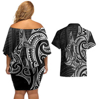 New Zealand Hammerhead Shark Couples Matching Off Shoulder Short Dress and Hawaiian Shirt Maori Haehae Mangopare Black LT14 - Polynesian Pride