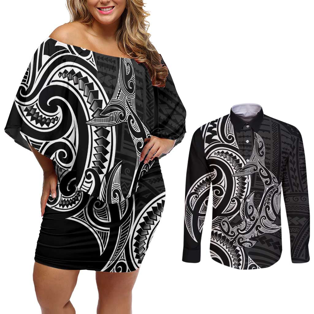 New Zealand Hammerhead Shark Couples Matching Off Shoulder Short Dress and Long Sleeve Button Shirt Maori Haehae Mangopare Black LT14 Black - Polynesian Pride