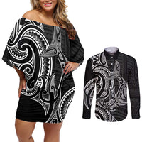 New Zealand Hammerhead Shark Couples Matching Off Shoulder Short Dress and Long Sleeve Button Shirt Maori Haehae Mangopare Black LT14 Black - Polynesian Pride