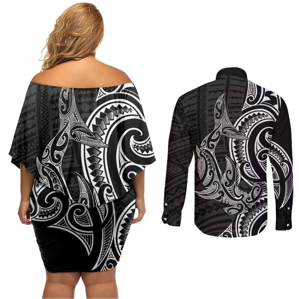 New Zealand Hammerhead Shark Couples Matching Off Shoulder Short Dress and Long Sleeve Button Shirt Maori Haehae Mangopare Black LT14 - Polynesian Pride