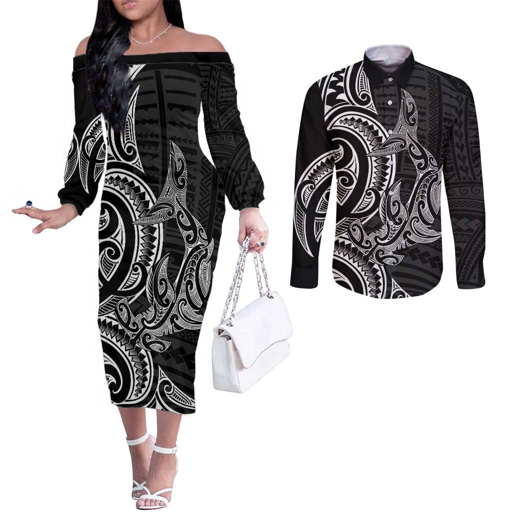 New Zealand Hammerhead Shark Couples Matching Off The Shoulder Long Sleeve Dress and Long Sleeve Button Shirt Maori Haehae Mangopare Black LT14 Black - Polynesian Pride