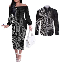 New Zealand Hammerhead Shark Couples Matching Off The Shoulder Long Sleeve Dress and Long Sleeve Button Shirt Maori Haehae Mangopare Black LT14 Black - Polynesian Pride