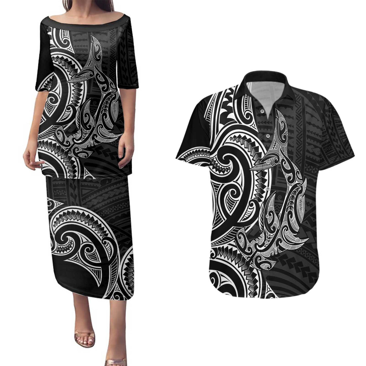 New Zealand Hammerhead Shark Couples Matching Puletasi and Hawaiian Shirt Maori Haehae Mangopare Black LT14 Black - Polynesian Pride