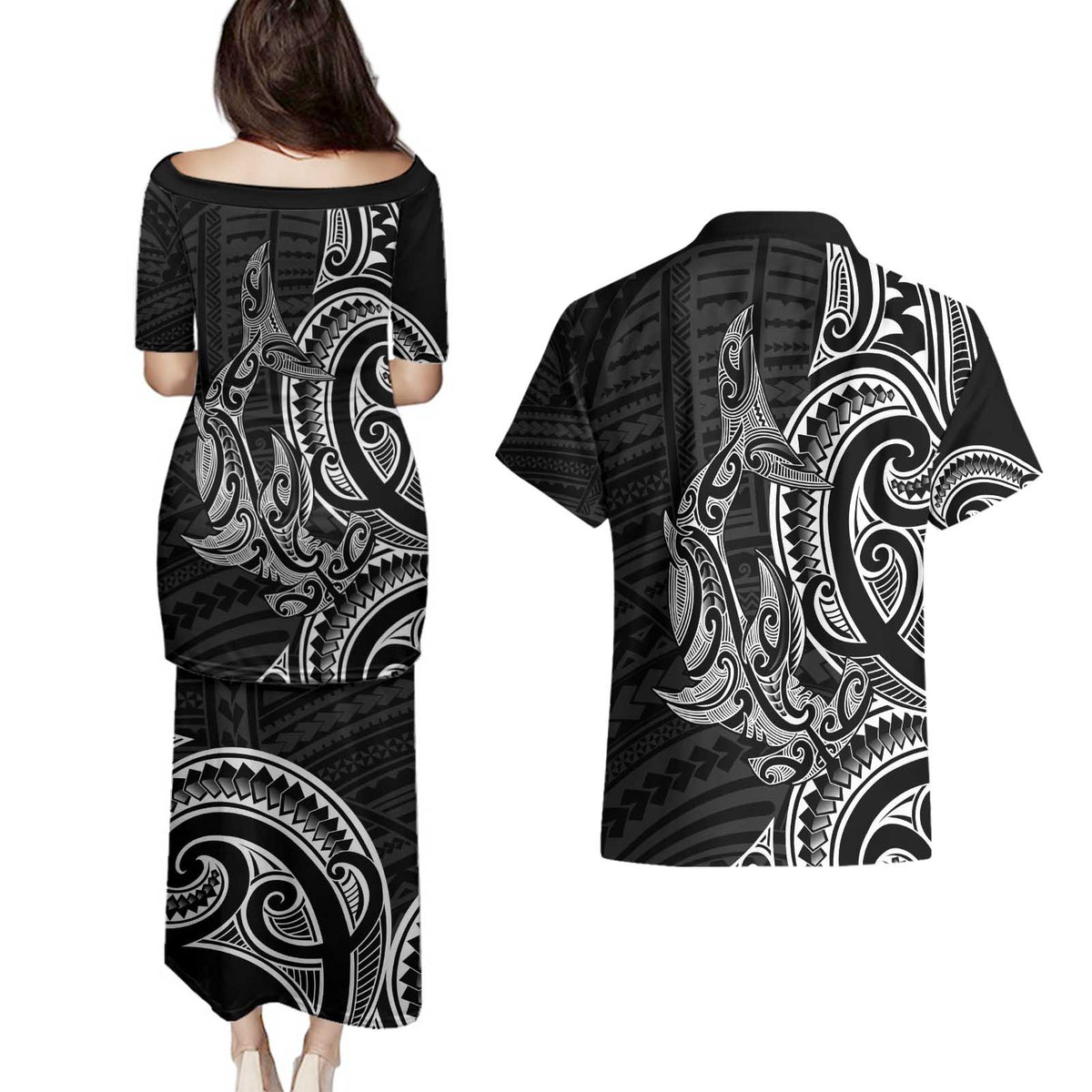 New Zealand Hammerhead Shark Couples Matching Puletasi and Hawaiian Shirt Maori Haehae Mangopare Black LT14 - Polynesian Pride