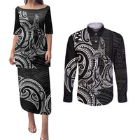 New Zealand Hammerhead Shark Couples Matching Puletasi and Long Sleeve Button Shirt Maori Haehae Mangopare Black LT14 Black - Polynesian Pride
