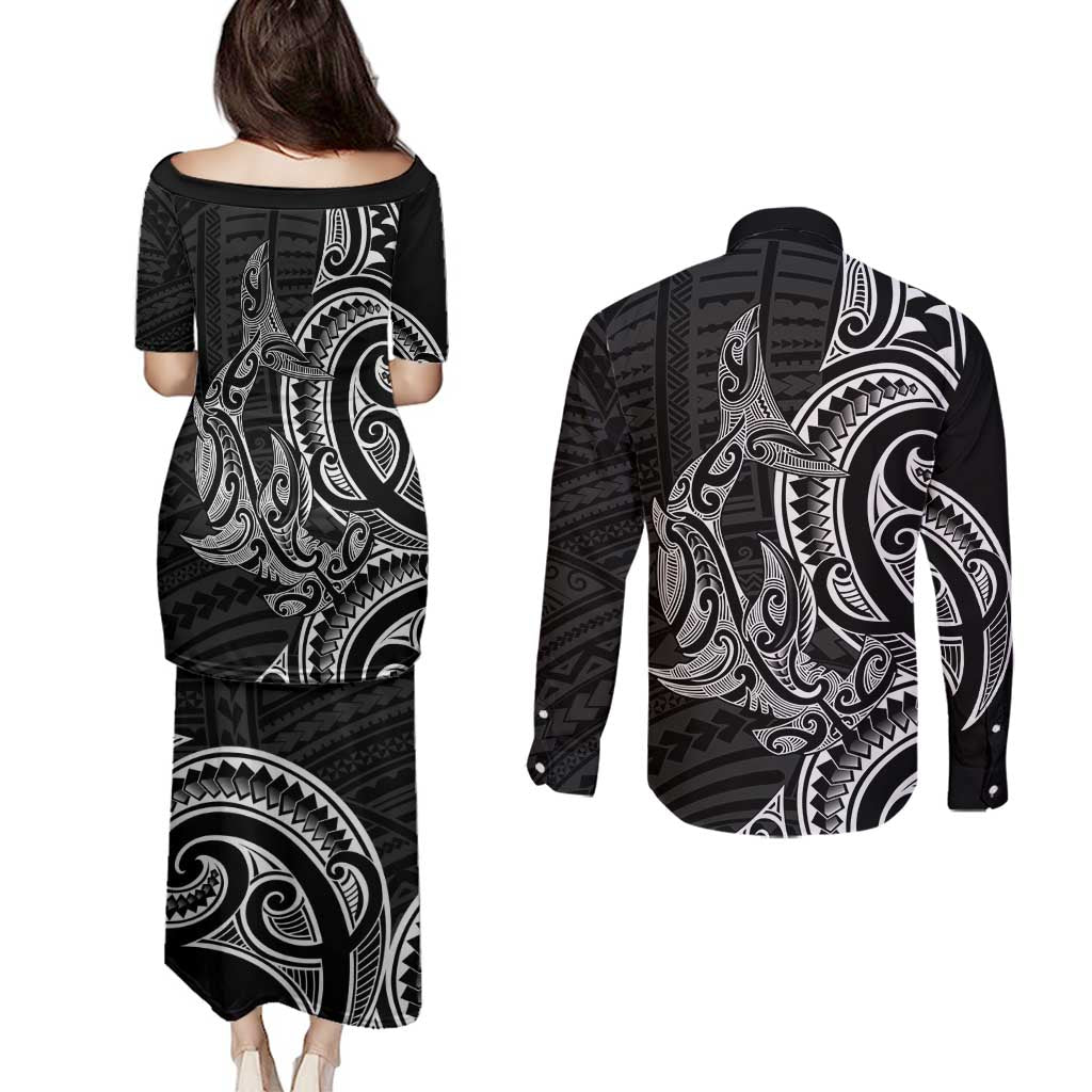 New Zealand Hammerhead Shark Couples Matching Puletasi and Long Sleeve Button Shirt Maori Haehae Mangopare Black LT14 - Polynesian Pride