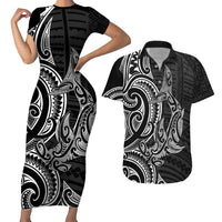 New Zealand Hammerhead Shark Couples Matching Short Sleeve Bodycon Dress and Hawaiian Shirt Maori Haehae Mangopare Black LT14 Black - Polynesian Pride