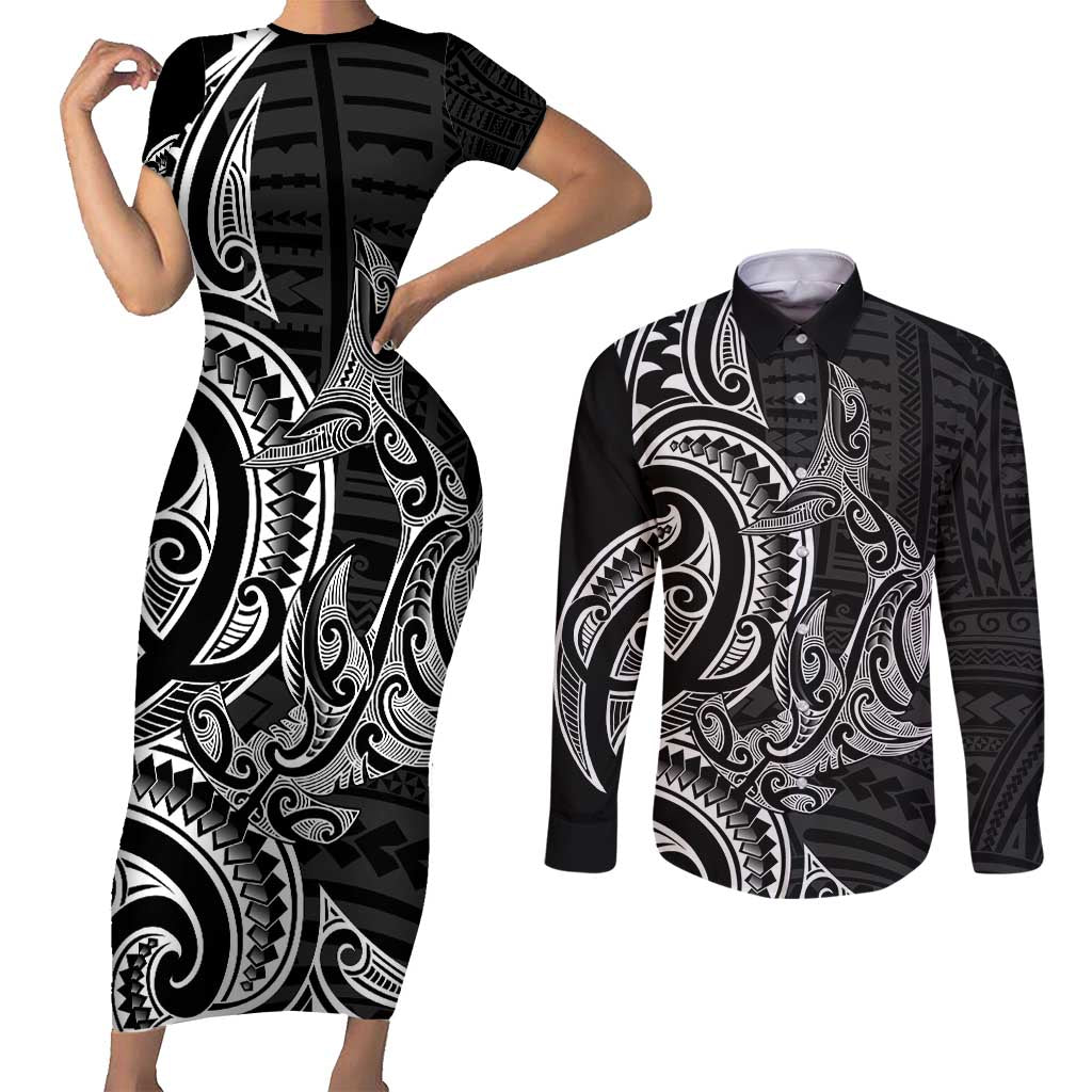 New Zealand Hammerhead Shark Couples Matching Short Sleeve Bodycon Dress and Long Sleeve Button Shirt Maori Haehae Mangopare Black LT14 Black - Polynesian Pride