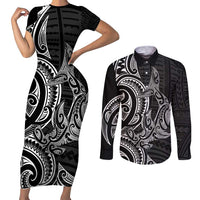 New Zealand Hammerhead Shark Couples Matching Short Sleeve Bodycon Dress and Long Sleeve Button Shirt Maori Haehae Mangopare Black LT14 Black - Polynesian Pride
